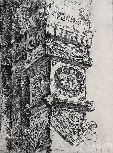 《有麒麟的柱子》铜版版画 2002年